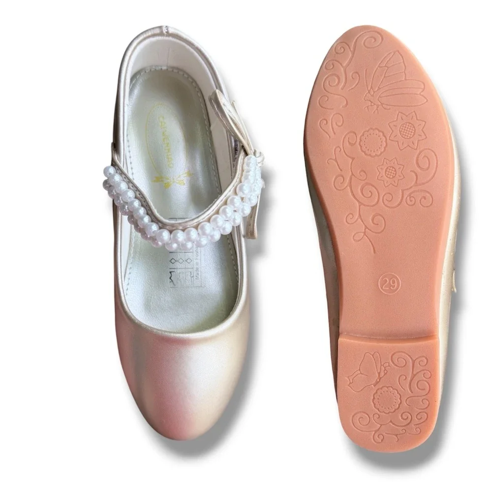 Caiwenniao Girls Gold Pearl Mary Jane Flats Dress Shoes Bow EUR 29 US 12 NEW